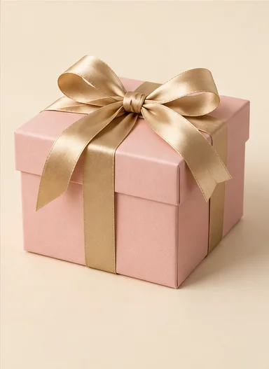 Caixa de lembrança rosa com laço dourado